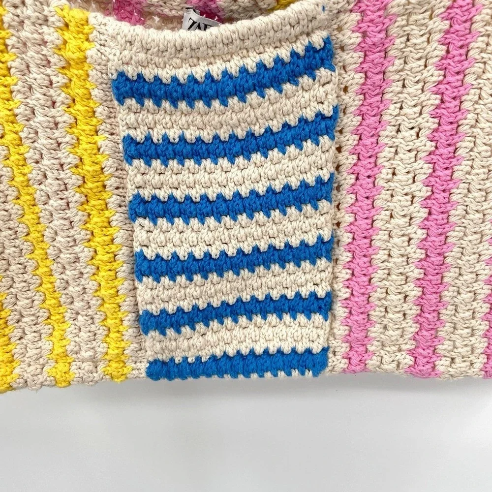 Zara Womens Medium‎ Crochet Knit Crop Top Tank Multicolor Striped Beachwear NWOT